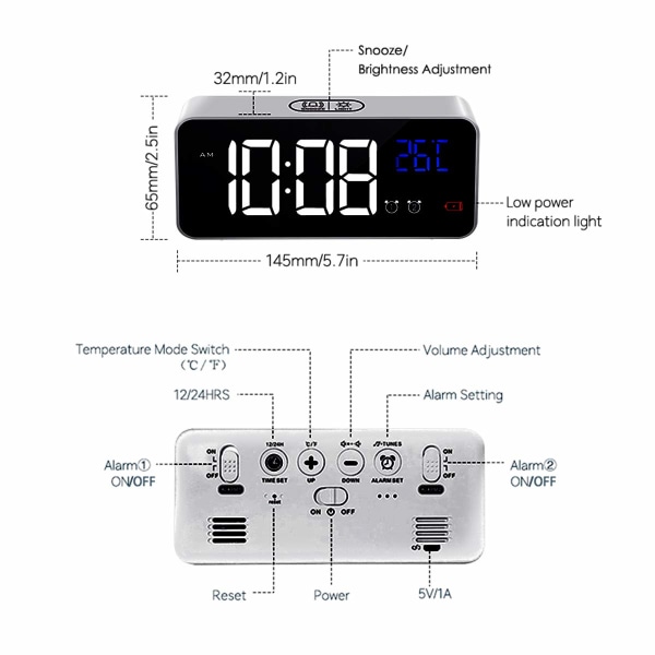 Digitaalinen herätyskello suurella LED-lämpötilanäytöllä, kannettava peilihälytin ja kaksoisherätyksen torkkuaika 4 tasoa säädettävällä kirkkauden himmentimellä