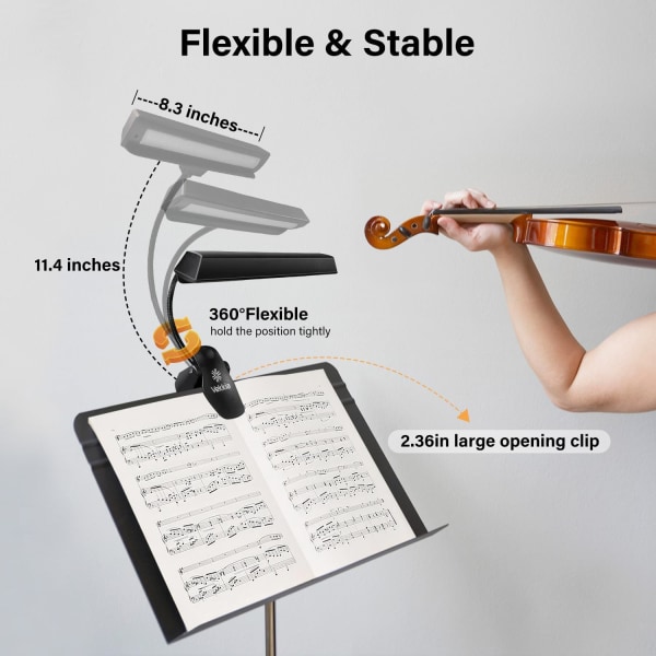 Musiikkitelineen valo - 19 LED-ammattimuusikko, pidikkeeseen kiinnitettävä valo nuottitelineelle, USB-ladattava pianonvalo, 9 himmennettävää tasoa, täydellinen pianoon
