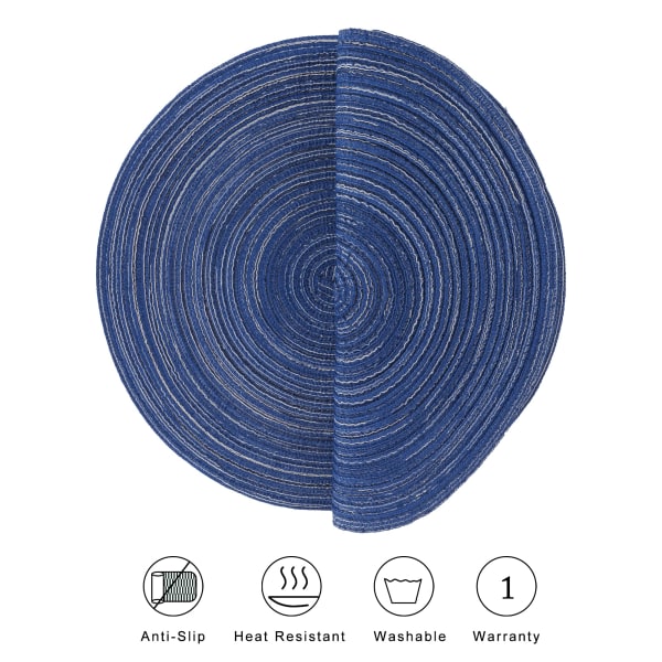 Runde flettede bordbrikker, runde dekkebrikker, pakke med 6, bomullsservietter, vaskbare, varmebestandige, 37 x 37 cm (blå)