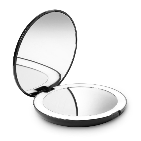 Kompakt makeup-spejl til håndtaske, 1X/10X forstørrelsesglas - LED med naturligt dagslys, rejsestørrelse, bærbart, stort 127 mm bredt belyst spejl, sort