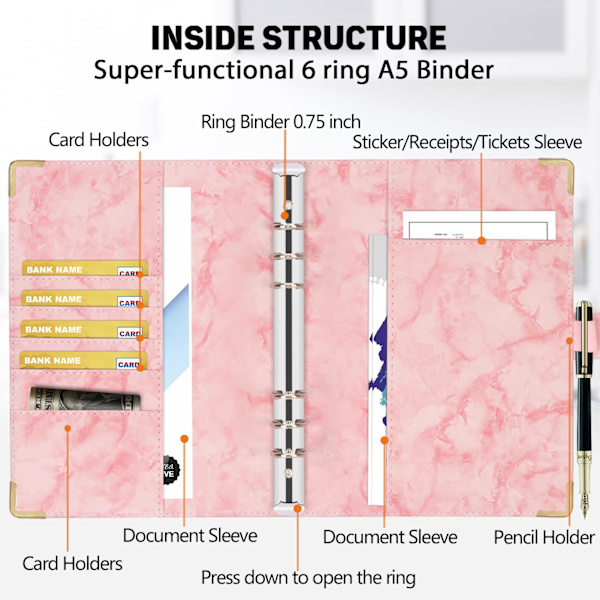 Läder A6-pärm 6 runda ringpärmar Planner Notebook Cover för A5-fyllpapper (inre papper ingår ej) Marmorrosa