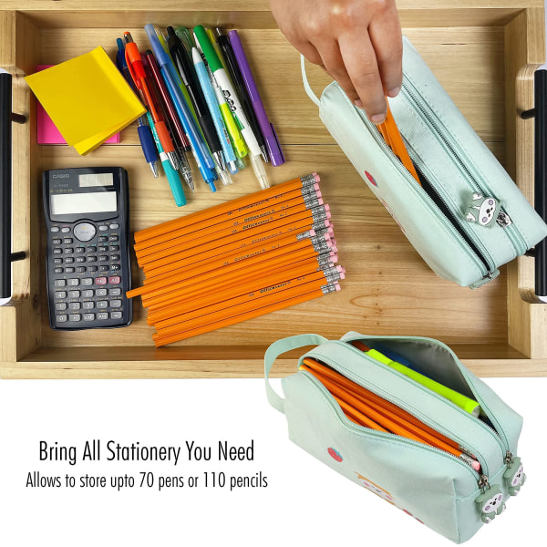 Sød Fox blyantpose, Kawaii grøn blyanthus med stor kapacitet, brevpapirtaske, High School College pennetui (mintgrøn)
