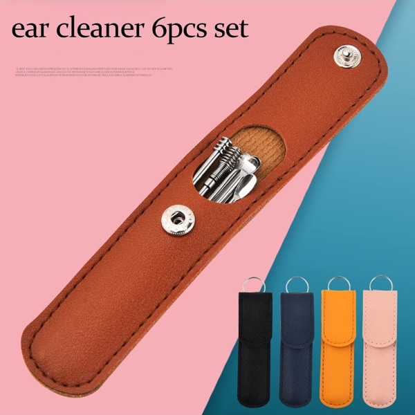 6 STK Innovativt verktøysett for ørevoksrengjøring for ørevoks, fjerningssett for fjerning av ørevoks i rustfritt stål, rengjøring av fjærøreskjeer, med oppbevaringsboks (brun)