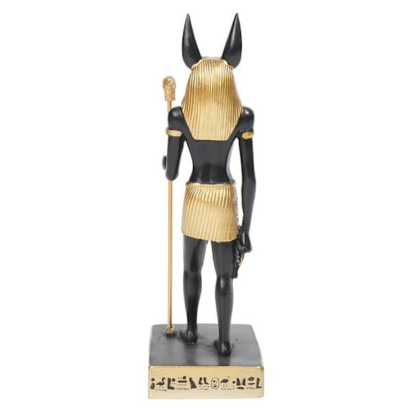 Gammel egyptisk gud Anubis med rettferdighetens vektskål Statue Død og etterlivets guder veier hjerte mot strutsfjærfigur