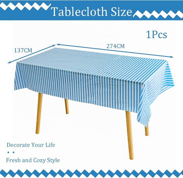 137*274cm ljusblå och vita ränder bordsduk bordsöverdrag fest, engångs rektangulär bordsduk plast rosa bordsduk fest, 1 st light blue