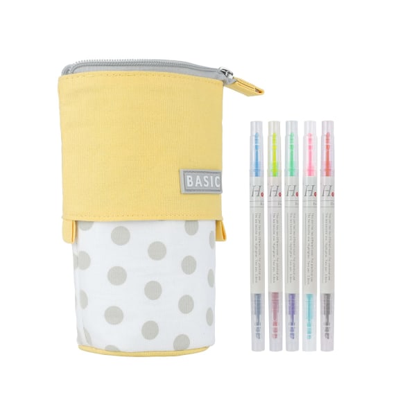 Pop up pennal søt, teleskopisk pennholder for skrivebord, stående blyantpose, Kawaii blyantpose (5 stk highlightere inkludert) - gul