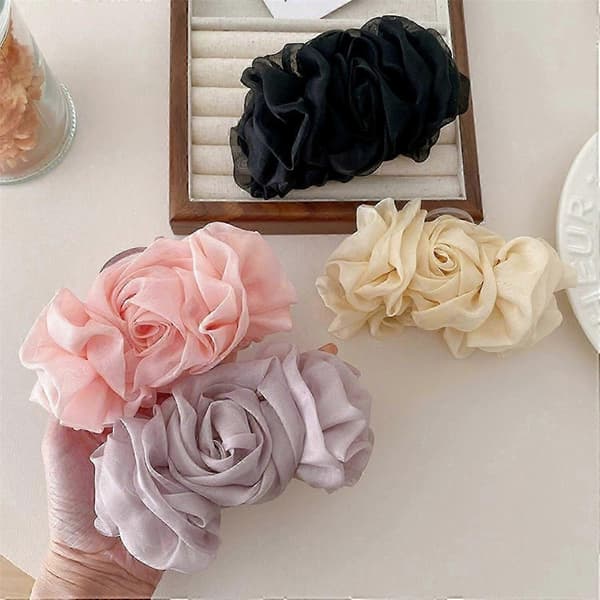 Hårklemme med chiffonrose-dekoration, skridsikker med krydsede tænder, stor hajklips til baghovedet Beige Beige