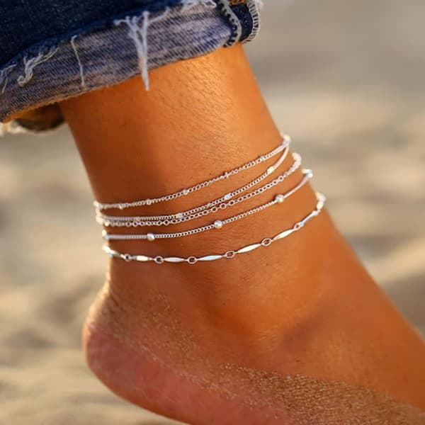 Boho Perle Ankelkæder, Sølv Multilayer Perle Kæde Ankelkæde, Strand Tilbehør Fod Smykker