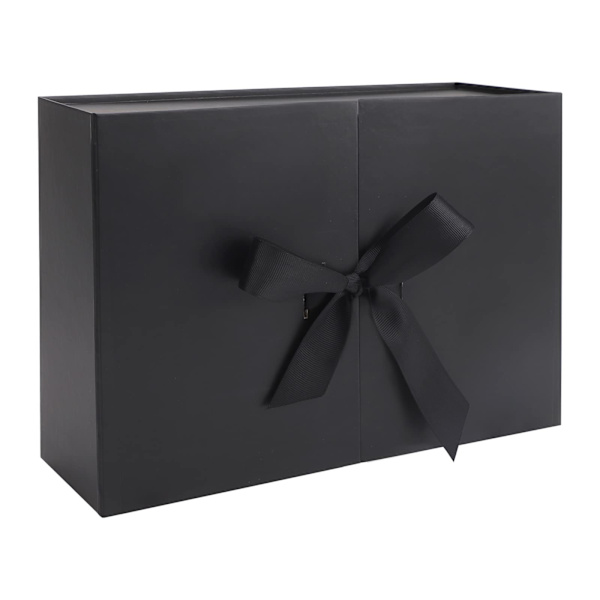 Luksus gaveæske med bånd, foldegaveæske i pap til gaver med låg 26,5x19x8cm sort black