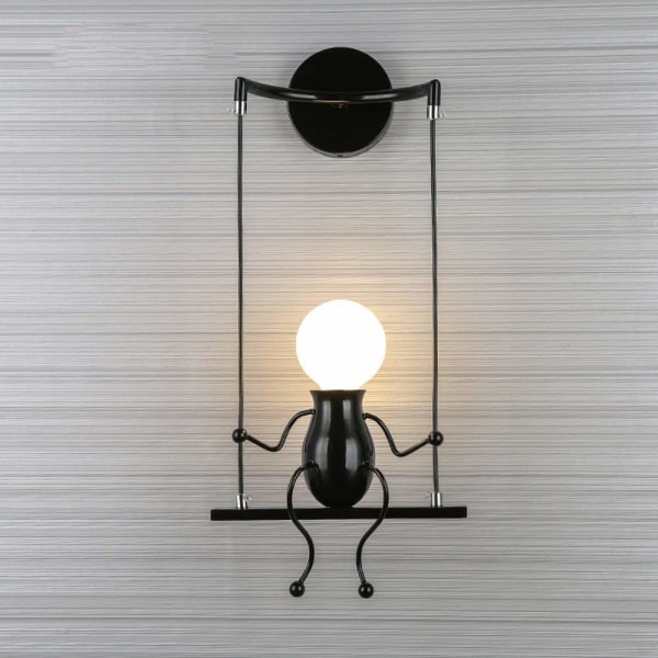 Enkel vägglampa svänga metall vägglampa Creative vägglampa tecknad lampa för bar, sovrum, café, hall E27 (Glödlampa INGÅR INTE) (svart)
