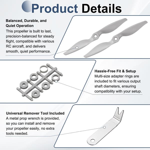 MECCANIXITY 8x4 tommer RC-propeller, 2-bladet propellerudskiftning grå højhastighedspropeller med adapterringe og propellernøgle til RC-fly 2 8" x 4" 2