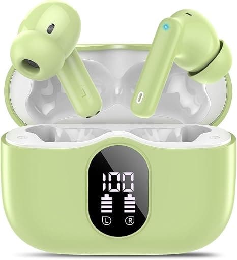 Trådløse hovedtelefoner Bluetooth 5.4 med LED-display, støjreducerende mikrofon, HiFi Stereo In-Ear hovedtelefoner, IP7 vandtæt til iPhone Android Grss green