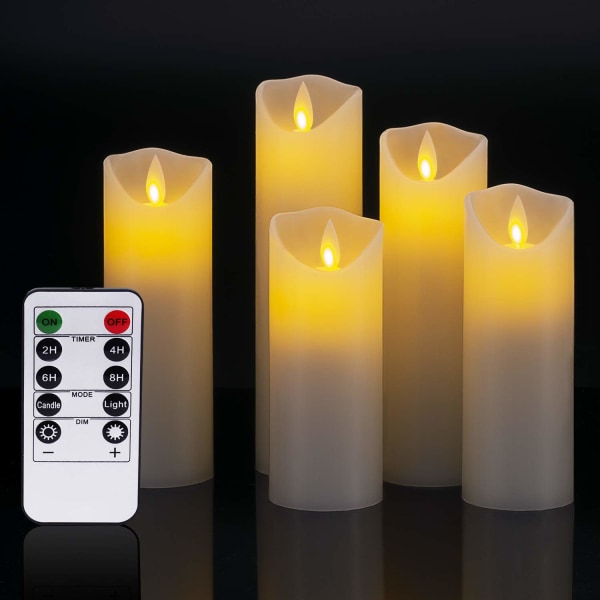 LED-stearinlys, flammeløse stearinlys 13/14/16/18/20 cm Sett med 5 LED-flammer i ekte voks og 10-knappers fjernkontroll med 2/4/6/8-timers timer (elfenben, 5×1)
