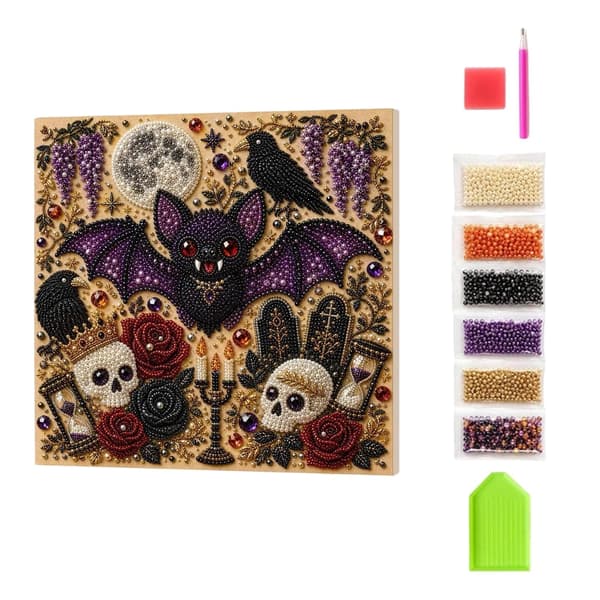 QELDRYX Halloween Spøkelse Perlekunst DIY-sett for voksne, Flaggermus Diamantkunstsett DIY Kits -06