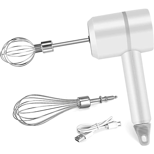 Bærbar elektrisk trådløs håndholdt mixer, 3-hastigheds justerbar letvægts USB genopladelig rustfrit stål æggepisker med dobbelte æggepinde (hvid)