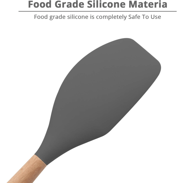 Silikonespatel, BPA-fri & 480°F varmebestandig, træhåndtag non-stick gummikøkkenspatel til madlavning, bagning og blanding (stor, grå)