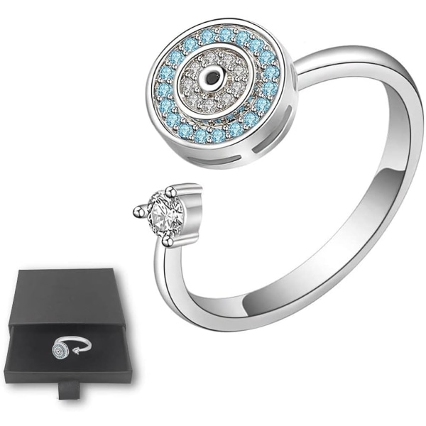 Rund Evil Eye Ring, Disc Amulet Justerbar Open Fidget Spinner Ringe, Zirconia Crystal Beads Stress Relief smykker til kvinder piger (hvidguld)