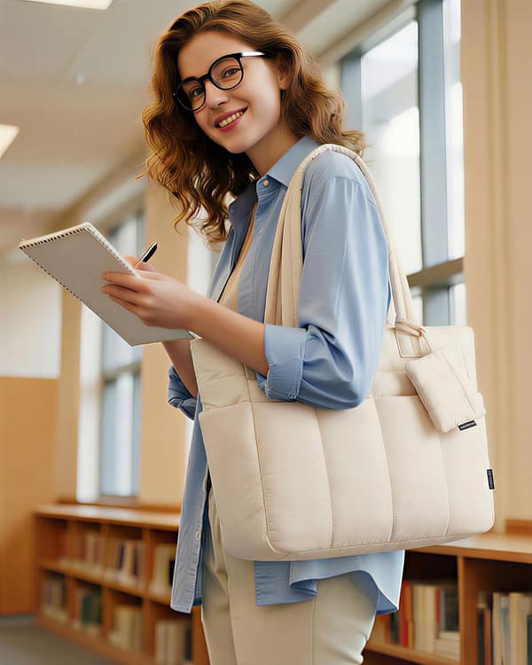 1 stk. mulepose til kvinder, letvægts puffer laptop håndtasker arbejdstasker med lynlås og rum, beige beige