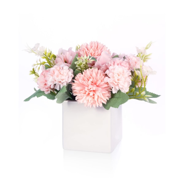 Kunstige blomster med keramisk vase, lyserøde silkeblomster Falske hortensia Kunstige blomsterarrangementer i pottedekoration til spisebord