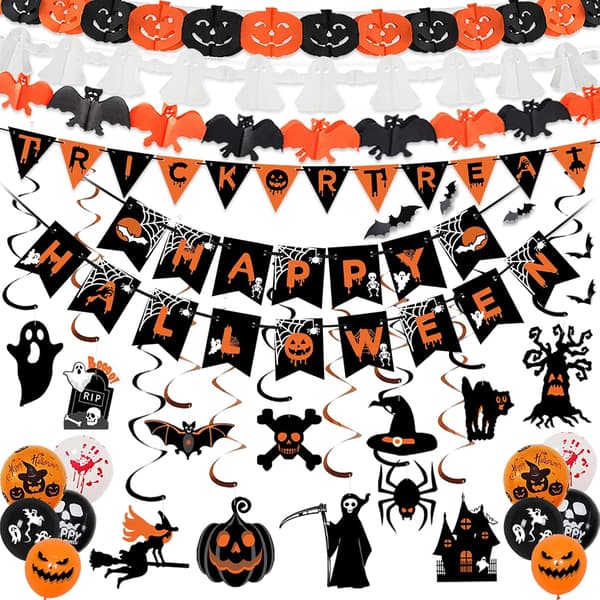 Halloween Dekorationer Inomhus Set - Happy Halloween Banner & Vimpel