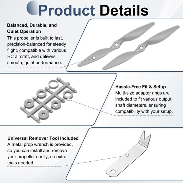 MECCANIXITY 9x6 tommer RC-propeller, 2-bladede propeller grå højhastighedspropel med adapterringe og propelværktøj til RC-fly 4 9" x 6" 4