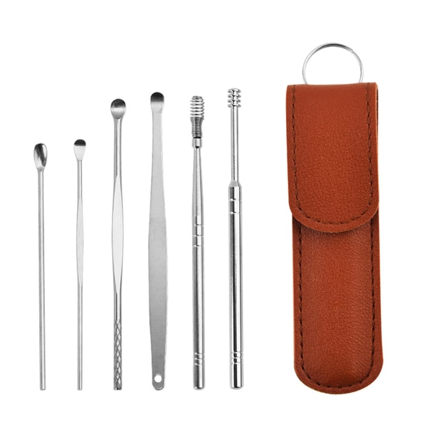 6 STK Innovativt verktøysett for ørevoksrengjøring for ørevoks, fjerningssett for fjerning av ørevoks i rustfritt stål, rengjøring av fjærøreskjeer, med oppbevaringsboks (brun)