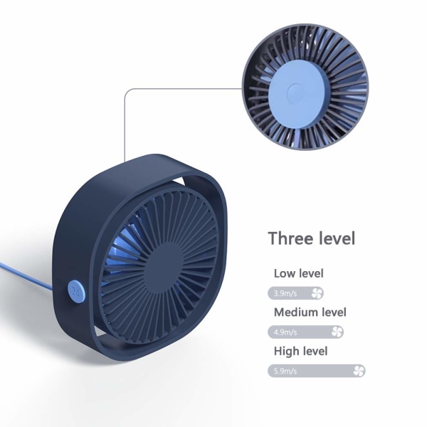 USB bordsfläkt, bärbar skrivbordsbordskylfläkt, justerbar med tre hastigheter, USB power, stark vindstilla, perfekt för utomhusbruk (marinblå)