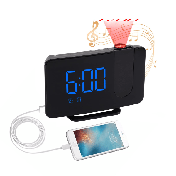 Projektionsväckarradio, digital väckarklocka med USB -laddare/projektion i taket, högljudd dubbel väckarklocka, enkel projektorväckarklocka