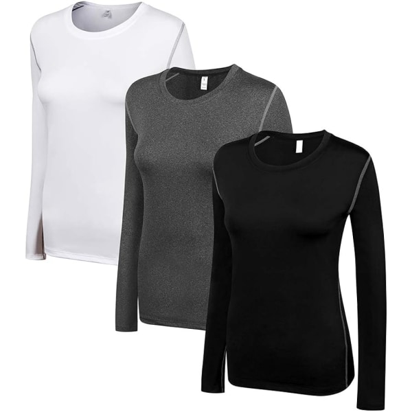 Kompressionströja för damer med torr passform och långärmad löpning atletisk T-shirt träningströjor, stor 3-pack (svart+vit+grå)