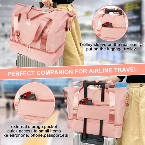 Travel Duffel Bag, Weekend Bag med Trolley Sleeve, Tørr og våt Separert Sports Gym Bag Vanntett Bag Carry On Bag