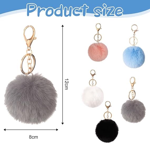 5-delt Pom-Pom Nøgleringssæt – Fluffy plysvedhæng designet til kvinder og piger; velegnet til tasker, håndtasker og nøgler.