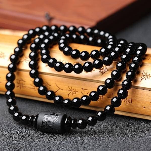 Kristall Obsidian Armband Graverad Drake Totem Cylinder Pärlor Natu