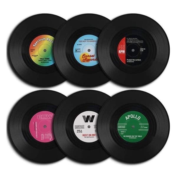 6-pakning retro vinylplate-underleggsett – runde ABS-underlegg for hjem eller bar