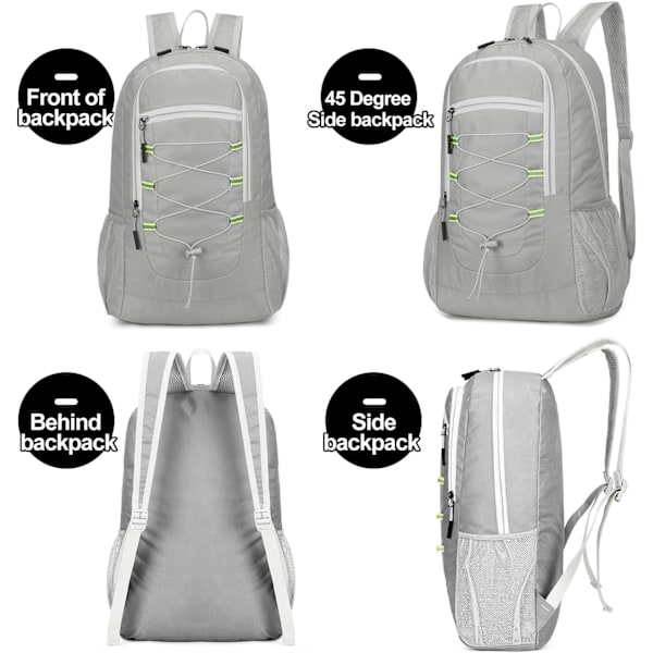 Lättvikta hopfällbara ryggsäckar, 30L packbara vattentäta små vandringsväskor och ryggsäckar Ryggsäck Dagryggsäck Praktisk för män kvinnor damer barn resor camping grey（A)