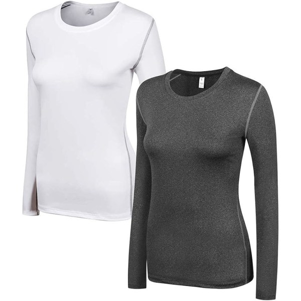 Kompressionströja dam Dry Fit Långärmad löpning atletisk T-shirt träningströjor, liten 2-pack (grå+vit)