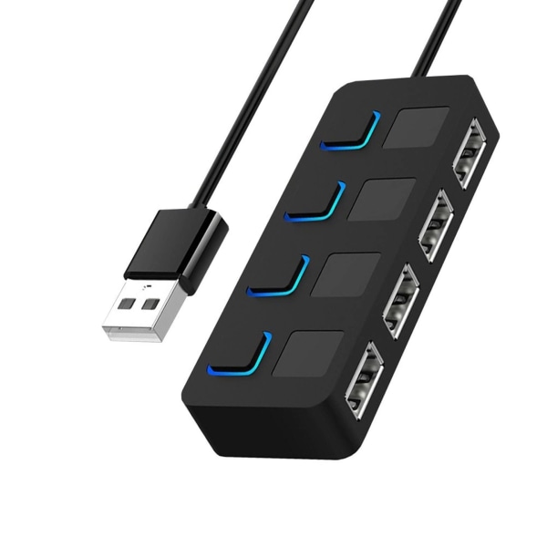 4-ports USB 2.0-hub med individuelle LED-opplyste strømbrytere [Lading støttes IKKE] For Mac og PC (svart USB 2.0)