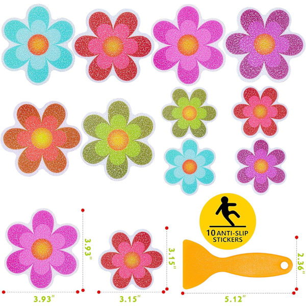 10-pakks Anti-Skli Blomster Badekar Dusj Dekor Vannbestandige Klistremerker med Bonus Skrape