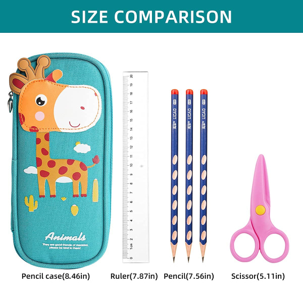 Sødt tegneserieblyanthus til børn, Kawaii-blyantpose med stor kapacitet lærred med lynlås, stor opbevaringsblyantpose (lysegrøn - giraf)