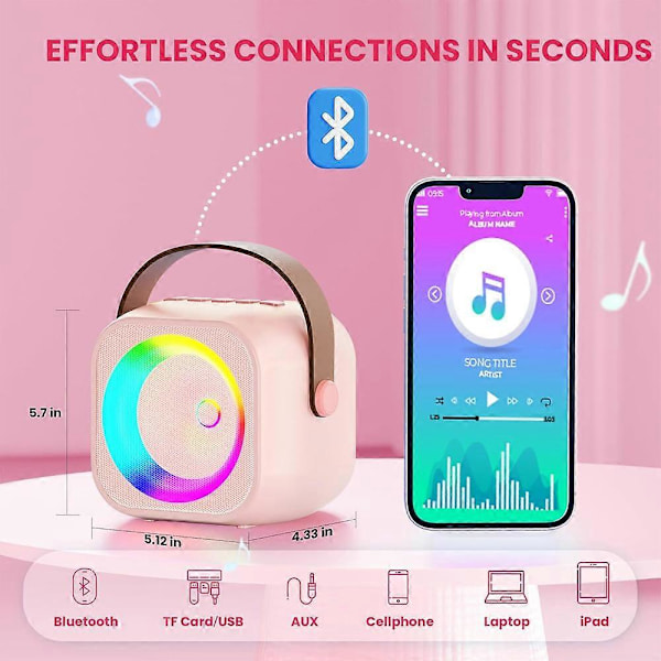 Karaokemaskin for barn og voksne, Mini bærbar Bluetooth-karaokespeaker med 2 trådløse mikrofoner og lys Pink 2 mic