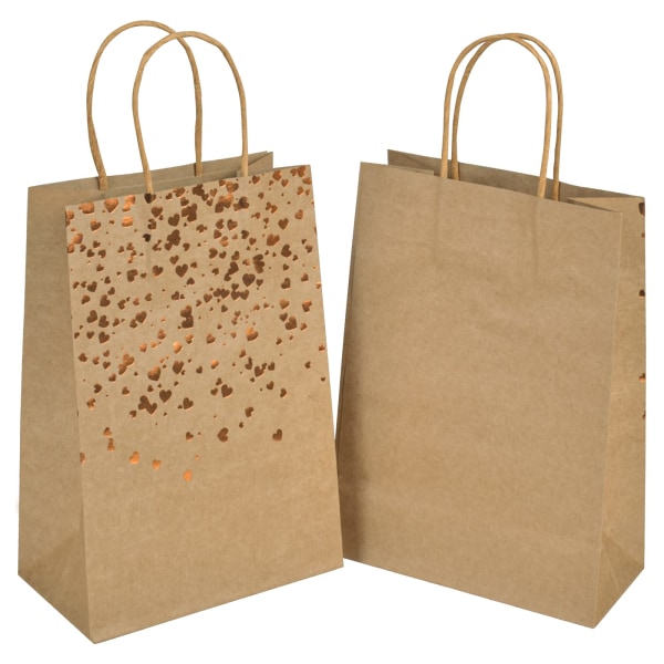 Pakke med 12 papirposer lavet af kraftpapir, papirposer med håndtag, kraftpapirgaveposer, bronzing kraftpose med guldhjerte, brune festpapirsposer