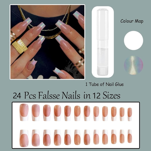 24 stk. franske tip falske negle lange - nude aurora shimmer tryk på negle - firkantede falske negle med lim - stick on negle - fuld dækning akryl kiste