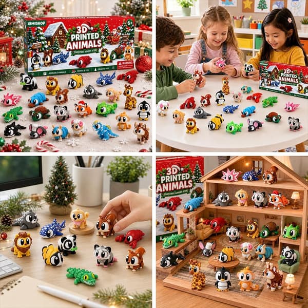 2026 Julekalender med 24 stk. 3D-printede dyr (Store Øjne Tema)