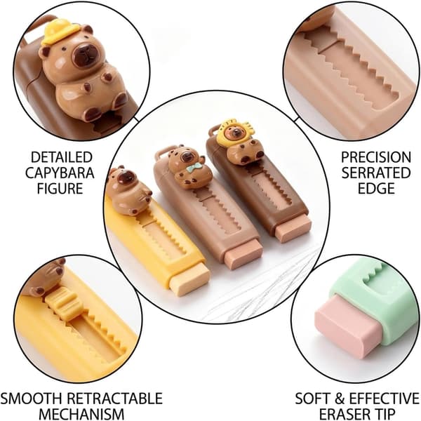 4 stk. Capybara viskelæder, udtrækkeligt push-pull design, Capybara blyantviskelædere | Nyhedspapirvarer sæt (2,5*3,5 cm)