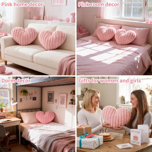 2-pak hjertepuder, lyserøde puder, bløde plys dekorative pyntepuder | 41*34 cm, vaskbare, søde fluffy puder til sofa, seng, stol, soveværelse pink