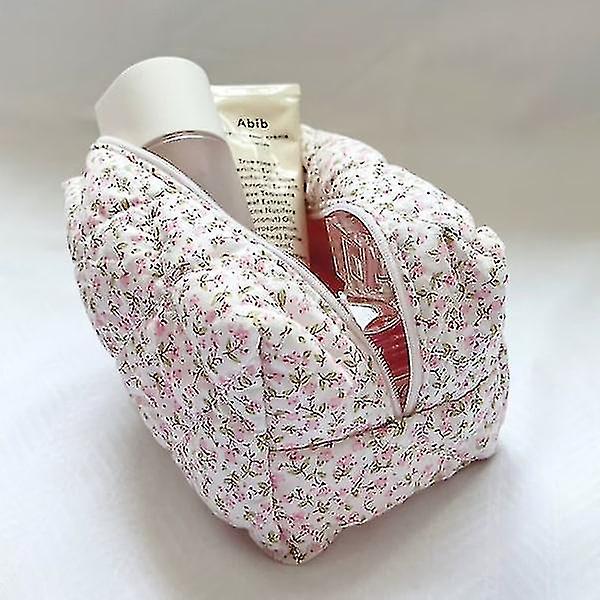 Floral Puffy Quilted Makeup Bag Large Travel Cosmetic Bag Rose Pink