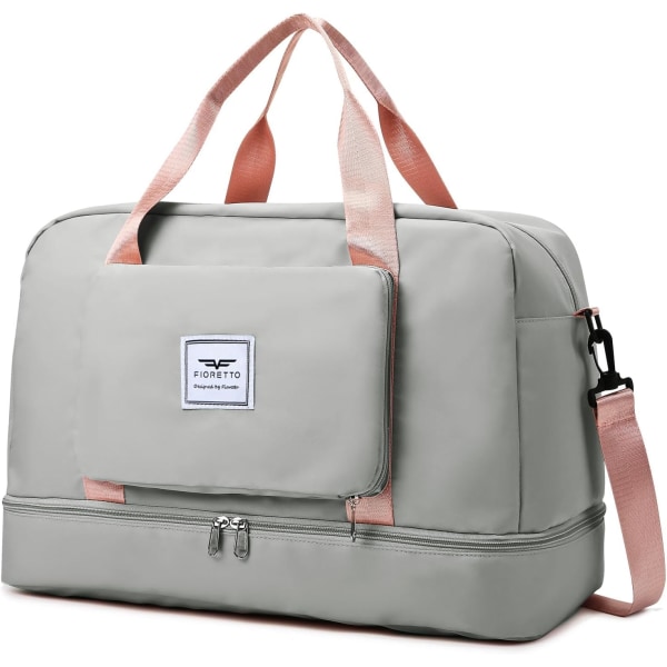 Sammenfoldelig weekendtaske, overnatningstaske til hospital med skorum og våd lomme, vandafvisende sportstaske til rejser, holdall til kvinder og mænd grey pink