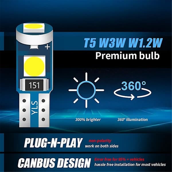 20 st T5 LED-lampor för bilinstrumentbräda, mätare, indikator, 3030-3smd lampbyte med vridning