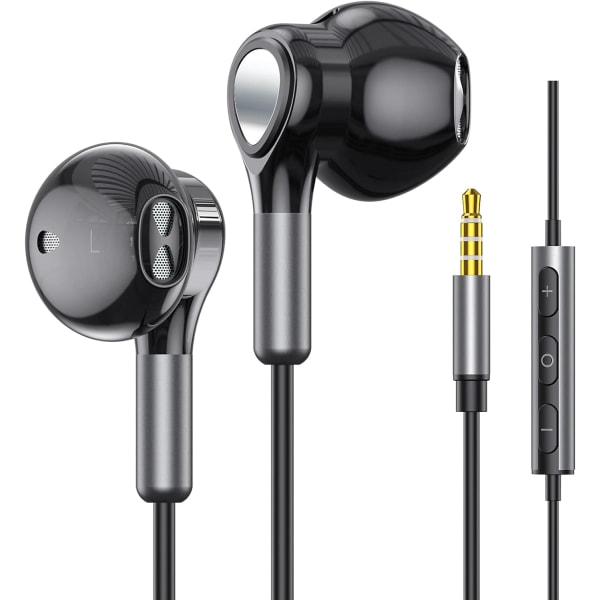 Hörlurar med sladd, in-ear-hörlurar med sladd, halva öronhörlurar 3,5 mm jack, hörlurar med sladd med mikrofon och volymkontroll BLACK