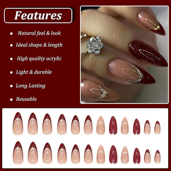 24 st tryck på naglar mandel, medium längd stilett fransk spets falska naglar, röd rosa glänsande falska naglar med guld glitter design, återanvändbara akryl