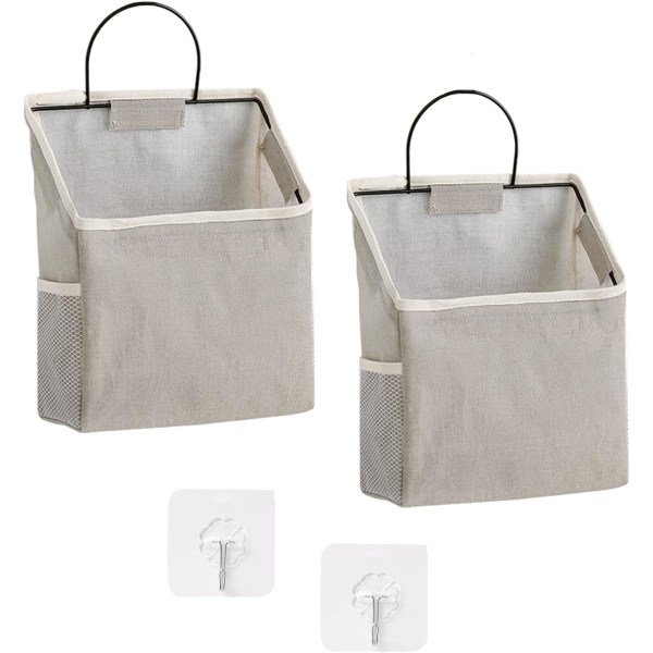 2 pakke vegghengende oppbevaringsveske med klebrig krok, skapoppbevaring for lommer, sengetøysbeholdere i bomull (grå)